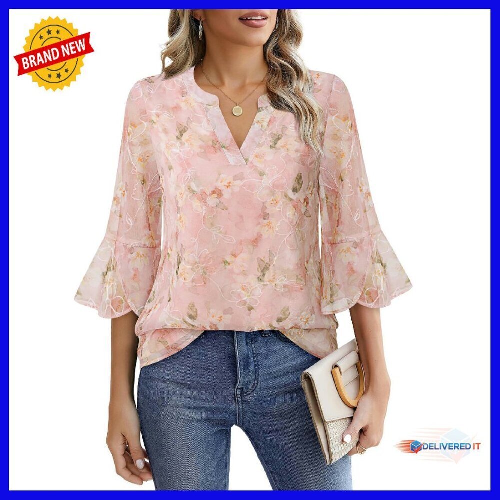 Women's 3/4 Sleeve Chiffon Blouse Floral Embroidery Loose Fit Tunic
